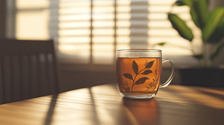A tranquil scene featuring herbal tea in a beautiful glass cup on a warm wooden table. Morning light filters through the shutters, creating a cozy atmosphere perfect for relaxation.の素材