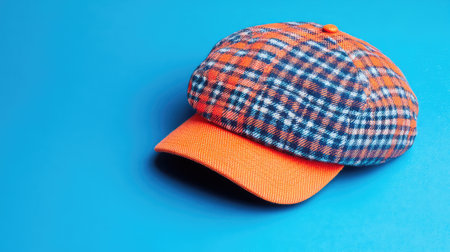 A vibrant plaid cap featuring an eye-catching orange visor rests on a bright blue surface. This stylish accessory blends modern flair with timeless design, ideal for both casual and trendy outfits.の素材