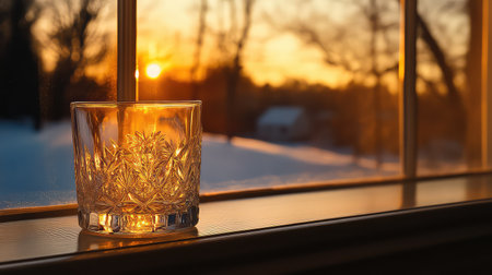 A stunning crystal candle holder captures the soft glow of a flickering flame, beautifully contrasted against a vibrant sunset outside a winter window.の素材