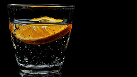 A captivating image of a glass filled with sparkling water and a slice of lemon creates a refreshing atmosphere. Perfect for promoting hydration and vitality.の素材