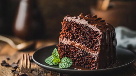 A tempting slice of rich chocolate cake is beautifully presented on a black plate, garnished with fresh mint leaves and set against a rustic background.の素材