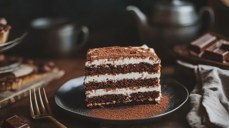 A scrumptious layered chocolate cake beautifully presented on a rustic wooden table, featuring creamy layers and a dusting of cocoa powder, perfect for any sweet occasion.の素材
