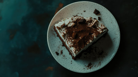 This image showcases a delectable slice of chocolate cake adorned with rich cream and a dusting of cocoa powder on a stylish plate, perfect for dessert lovers.の素材