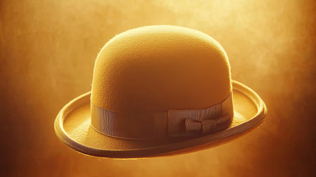 This captivating image features a vintage yellow bowler hat with a ribbon, beautifully illuminated against a soft textured background, evoking nostalgia and elegance.の素材