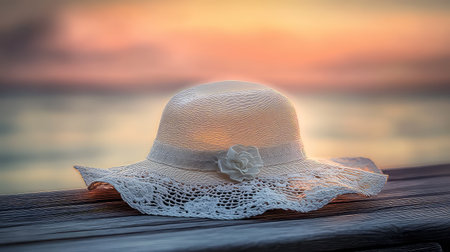 A beautiful sun hat with intricate lace detailing rests gracefully on a weathered wooden surface as a colorful sunset paints the sky over the calm sea.の素材