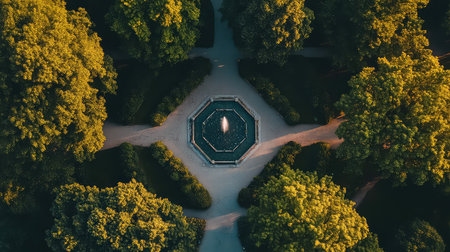 Captivating aerial view of a white fountain nestled in a park, surrounded by lush green trees and well-maintained pathways, evoking tranquility and peace.の素材