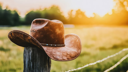 A rustic cowboy hat rests on a wooden fence post, illuminated by a beautiful sunset over a lush green field, capturing the essence of country life.の素材