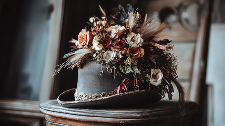 This striking vintage hat features an exquisite floral arrangement, showcasing unique dried flowers. Set in a rustic environment, it embodies elegance.の素材