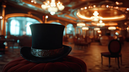 A striking black top hat rests on a plush red stool, set against a backdrop of a beautifully lit vintage ballroom, evoking timeless elegance.の素材
