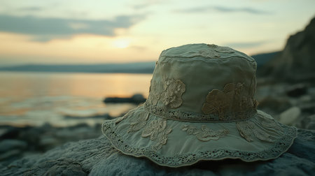 A beautiful sun hat rests on a rocky shore during a serene sunset. The warm colors of the sky reflect beautifully on the ocean. Perfect for summer vibes.の素材