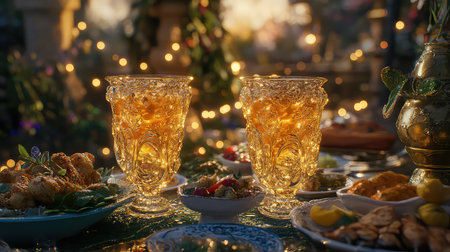 A beautiful outdoor dining scene featuring sparkling beverages in ornate glasses, a rich array of dishes, and soft, enchanting fairy lights creating a festive atmosphere.の素材