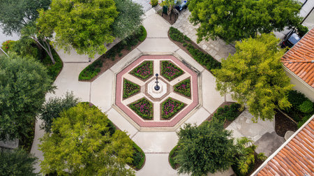 This striking aerial photo captures a beautifully designed garden with an octagonal layout, surrounded by lush trees and vibrant flowers, creating a peaceful urban retreat.の素材