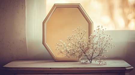 This image features an elegant octagonal mirror reflecting delicate flowers on a rustic table bathed in soft natural light, creating a serene atmosphere.の素材