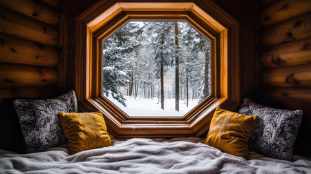 This cozy cabin interior features an octagonal window framing a serene snowy forest. Soft cushions and warm bedding create a perfect winter retreat atmosphere.の素材