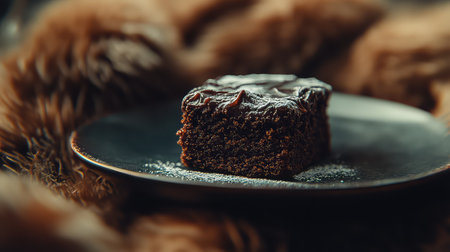 A rich slice of chocolate cake with a glossy frosting sits on a dark plate, creating a delightful contrast against a soft, textured backdrop, perfect for dessert enthusiasts.の素材