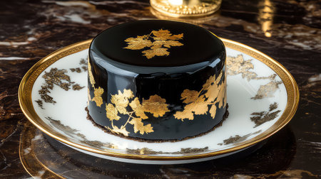 Discover an exquisite black jelly dessert adorned with gold leaf, beautifully presented on a fine china plate, ideal for gourmet dining aesthetics.の素材