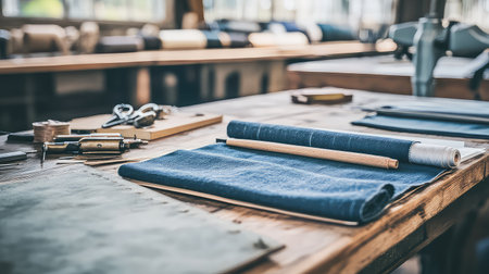 Explore a rustic crafting workspace filled with essential sewing tools and materials on a wooden table; ideal for designers and artists.の素材