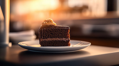 A tempting slice of chocolate layer cake rests elegantly on a white plate, showcasing rich layers and creamy frosting, bathed in warm sunlight, perfect for food lovers.の素材