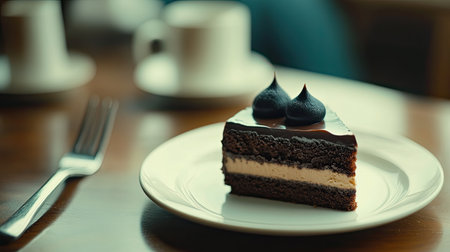 A tempting slice of chocolate cake garnished with chocolate accents sits on a classic white plate, inviting sweet indulgence alongside coffee cups in a warm cafe atmosphere.の素材