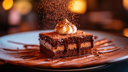 A beautifully arranged slice of decadent chocolate cake topped with creamy frosting and dusted with cocoa, set against a softly lit background.の素材