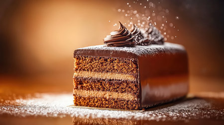 This exquisite chocolate layer cake features rich chocolate ganache, creamy filling, and a delicate dusting of powdered sugar, perfect for dessert lovers.の素材