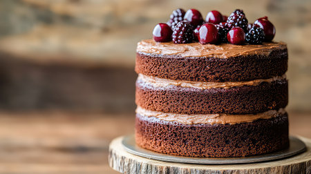 A beautifully crafted three-layer chocolate cake decorated with fresh berries, ideal for special occasions or everyday indulgence. Perfect for dessert lovers.の素材