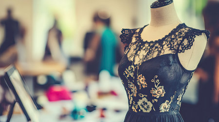 A stunning black dress showcased on a mannequin, featuring intricate lace and beautiful floral embroidery. Ideal for fashion-focused content.の素材