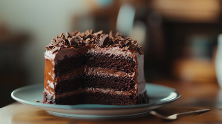 A mouthwatering chocolate cake with rich frosting and chocolate shavings, beautifully presented on a plate in a cozy, inviting setting, perfect for dessert lovers.の素材