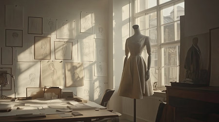 This artistic photo captures a stylish tailoring studio with a delicate dress on a mannequin, illuminated by soft sunlight, showcasing design sketches on the walls.の素材