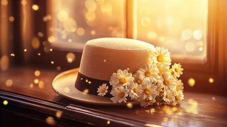 A stylish hat decorated with fresh daisies rests on a wooden surface by a sunlit window, creating a warm and inviting atmosphere filled with soft bokeh lighting.の素材
