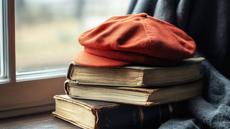 A charming still-life composition featuring an orange cap resting atop vintage books near a window, illuminated by soft natural light that creates a cozy atmosphere.の素材