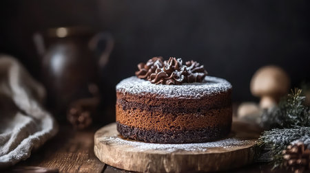 A stunning chocolate cake adorned with whipped cream and chocolate shavings, set on a rustic wooden stand amid natural decor, perfect for a celebration.の素材