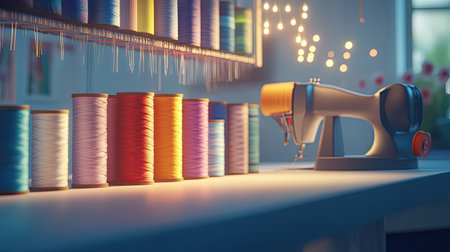 A beautifully arranged scene showcasing colorful spools of thread next to a vintage sewing machine, set in a cozy craft room with warm, inviting lighting.の素材