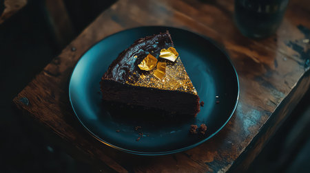 This stunning image features a slice of rich chocolate cheesecake, elegantly plated and topped with golden glitter, offering a luxurious and indulgent dessert experience.の素材