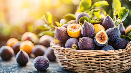 A picturesque display of freshly harvested figs and vibrant yellow fruit arranged in a woven basket, illuminated by warm sunlight and surrounded by lush greenery.の素材