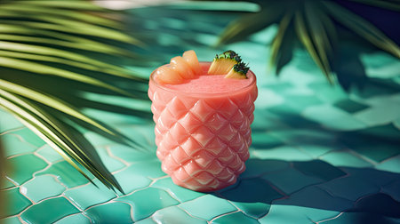 A vibrant tropical cocktail served in a pineapple-shaped glass, surrounded by palm leaves and colorful tiles, perfect for summer gatherings and relaxation.の素材