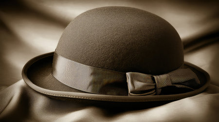 This image features a classic bowler hat resting atop smooth fabric, captured in a vintage monochrome style, evoking nostalgia and elegance.の素材