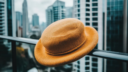 A vibrant yellow hat perched on a balcony railing against a stunning blurred city skyline, capturing the essence of urban fashion and lifestyle.の素材