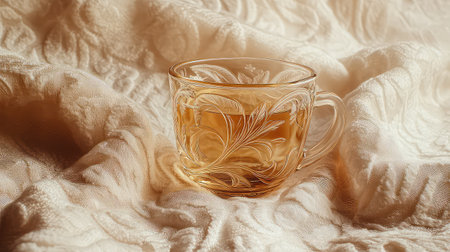 A beautifully crafted glass cup filled with tea rests on a soft, textured fabric, showcasing intricate floral designs. This image evokes warmth and tranquility.の素材