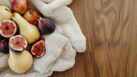 A warm and inviting display of assorted fresh fruits, including pears and figs, nestled in a soft knit blanket on a wooden table, capturing a sense of comfort and natural beauty.の素材