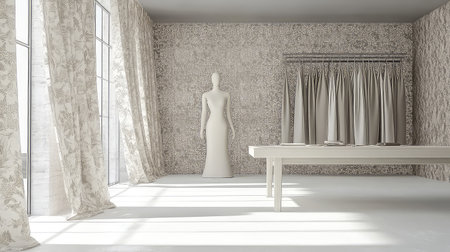 This elegant and minimalistic interior design showcases a bright space featuring a mannequin, delicate drapery, and soft textures, perfect for creative inspiration.の素材