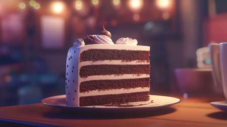 A tempting slice of chocolate cake served on a plate, showcasing rich layers of cocoa and creamy frosting. Perfect for desserts in cafes.の素材