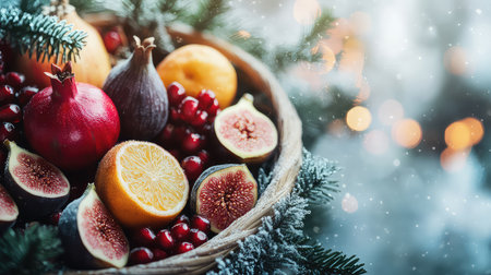 A charming basket filled with pomegranate, fig, orange, and cranberries provides a colorful display, perfect for winter festivities and seasonal gatherings.の素材