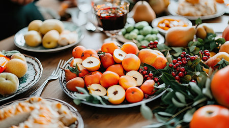 A beautiful arrangement of fresh fruits, including apples and berries, set on a wooden table, perfect for gatherings and celebrations, showcasing vibrant colors.の素材