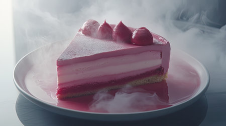 A stunning slice of vibrant pink dessert featuring luscious layers of cream and sweet filling, beautifully presented with wisps of whimsical smoke.の素材