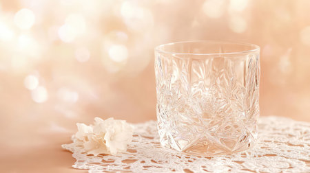 A beautiful clear glass tumbler rests on a vintage lace napkin with a subtle floral accent, surrounded by a soft bokeh background. Perfect for stylish drinks.の素材