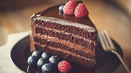 A sumptuous slice of layered chocolate cake adorned with fresh raspberries and blueberries, set on a dark plate with a rustic wooden backdrop, perfect for dessert lovers.の素材