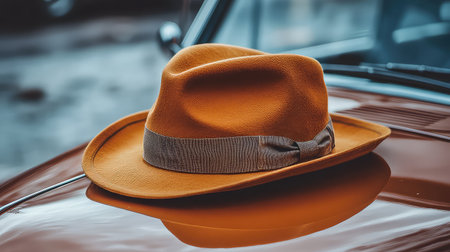 An elegant orange hat placed on the hood of a vintage car showcases timeless style and design. The soft focus background enhances this chic accessory.の素材
