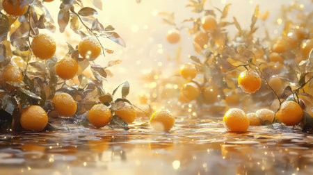 Breathtaking view of a citrus orchard at sunrise, showcasing dew-kissed oranges hanging from branches, illuminating the serene landscape with warm light.の素材