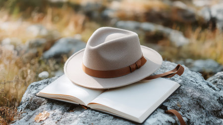 A serene scene featuring a classic wide-brimmed hat and an open book resting on a natural stone surface, illuminated by soft sunlight in a peaceful outdoor setting.の素材